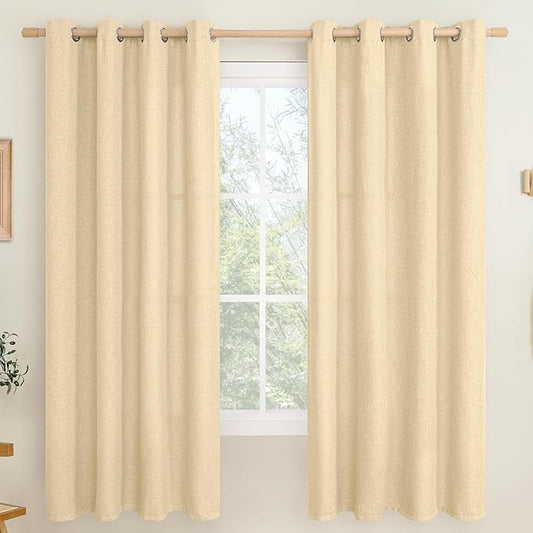 LAMIT 72 Inch Length Linen Curtains for Living Room 2 Panels, Thick Privacy Window Drapes Grommet Light Filtering Panels for Bedroom/Office/Farmhouse, Sand, 52 x 72 Inch