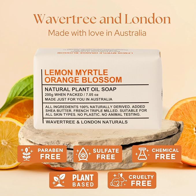 Wavertree & London Lemon Myrtle & Orange Blossom Scented 100% Natural Soap Bar, 7oz Moisturizing French Triple Milled Soap Bar for Women & Men Enriched with Shea Butter, Pure Bath & Body Soap (1 Bar)