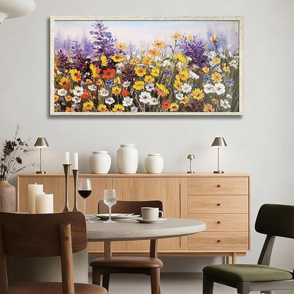 Ardemy Wildflower Wall Art Canvas Living Room Framed Daisy Floral Large Colorful Pictures Wall Decor Textured Purple Paintings Artwork for Walls Bedroom Home Office, 48"x24"