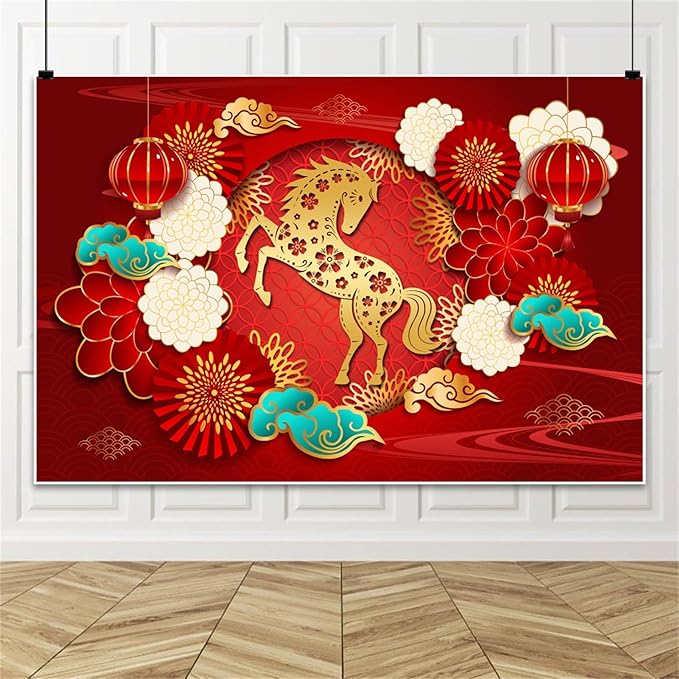 Renaiss 9x6ft Happy Chinese New Year Backdrop Year of The Horse Spring Festival Banner Gold Horse Lucky Clouds Flowers Background Chinese Birthday Lantern Festival Party Decors Photo Studio Props