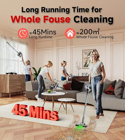 Cordless Vacuum Cleaner, 500W/35Kpa Self-Standing Lightweight Stick Vacuum with Green Light, 45Mins Runtime Vacuum Cleaners for Home, Anti-Tangle Vacuum for Pet Hair Hardwood Floor Carpet, Grey