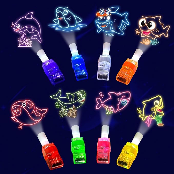 24PCS Cartoon Shark Party Favors-Fish Baby LED Finger Lights：Glow-in-the-Dark Light-Up Toys Bulk for Kids,Under the Sea Birthday Party Decorations Supplies,Goodie Bags Stuffers, Classroom Prizes Gifts