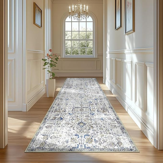 jinchan Runner Rug 3x10 Washable Hallway Rug Vintage Indoor Thin Retro Floor Cover Floral Country Lightweight Non Slip Carpet for Entryway Bathroom Kitchen Bedroom Living Room Stairway Blue