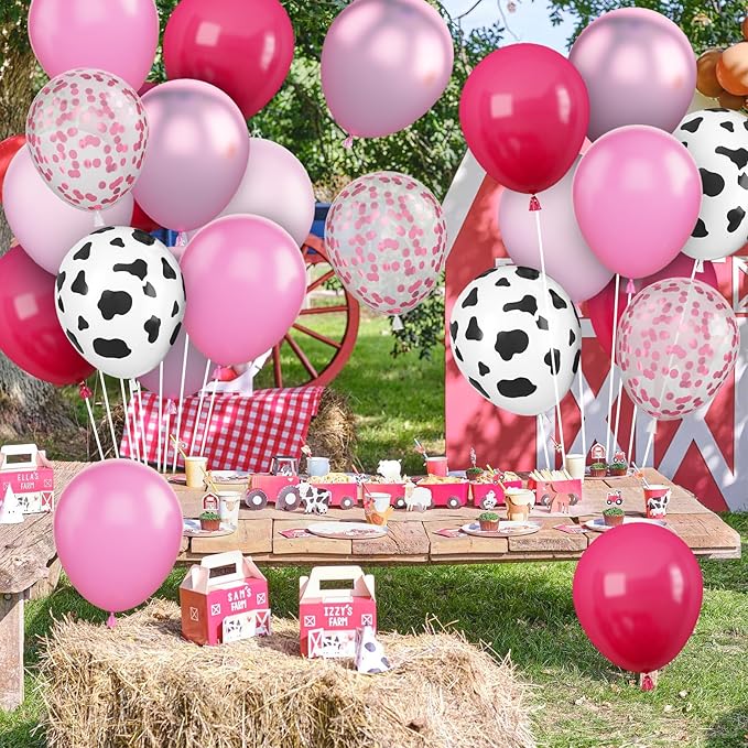 Pink Cow Balloons, 12Inch 50pcs Hot Pink Cow Balloons with Confetti Balloon for Girl Bithday Baby Shower Party Farm Animal Themed Party Decor