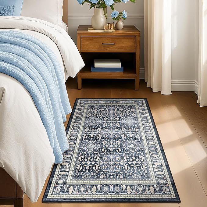 Blue 4x6 Washable Rug, Small Area Rugs for Entryway Kitchen Bathroom with Rubber Backing Non Slip, Floral Trellis Low Pile Thin Throw Carpet Rug for Foyer/Nursery/Home Office/Living Room