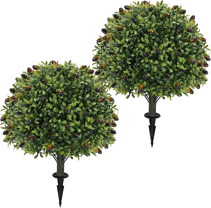 Artificial olive Topiary Ball Tree 24" with Ground Spike, Set of 2 Artificial Boxwood Bushes for Faux Shrubs, Fake Evergreen Faux Plant for Indoor Outdoor Porch Garden -UV Resistant–Fade-Proof