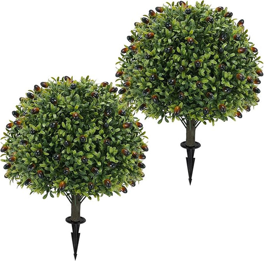 Artificial olive Topiary Ball Tree 24" with Ground Spike, Set of 2 Artificial Boxwood Bushes for Faux Shrubs, Fake Evergreen Faux Plant for Indoor Outdoor Porch Garden -UV Resistant–Fade-Proof