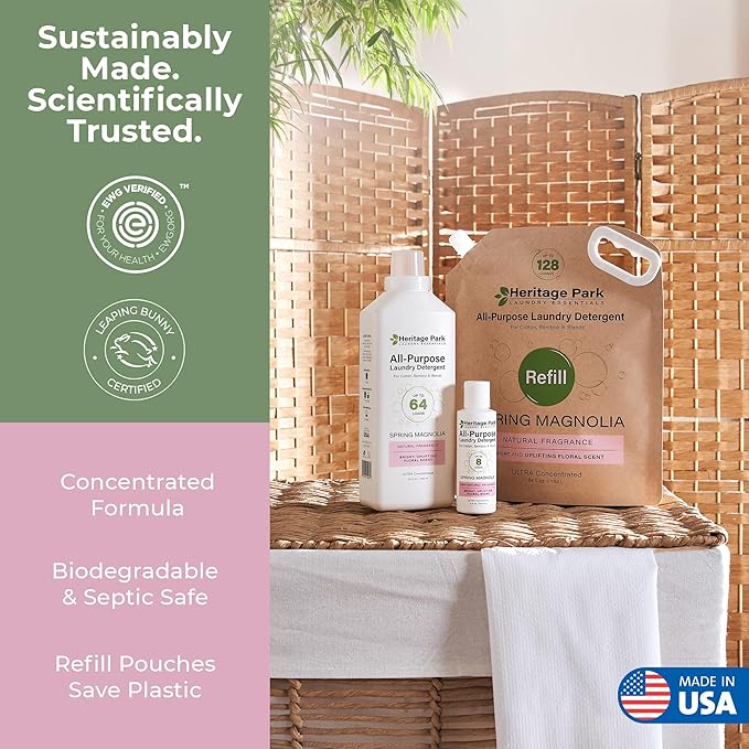 Heritage Park Luxury Laundry Detergent | Dermatologist Tested Plant based Natural & Enzyme Laundry Detergent | Sensitive Skin Friendly - Spring Magnolia (32 fl oz)