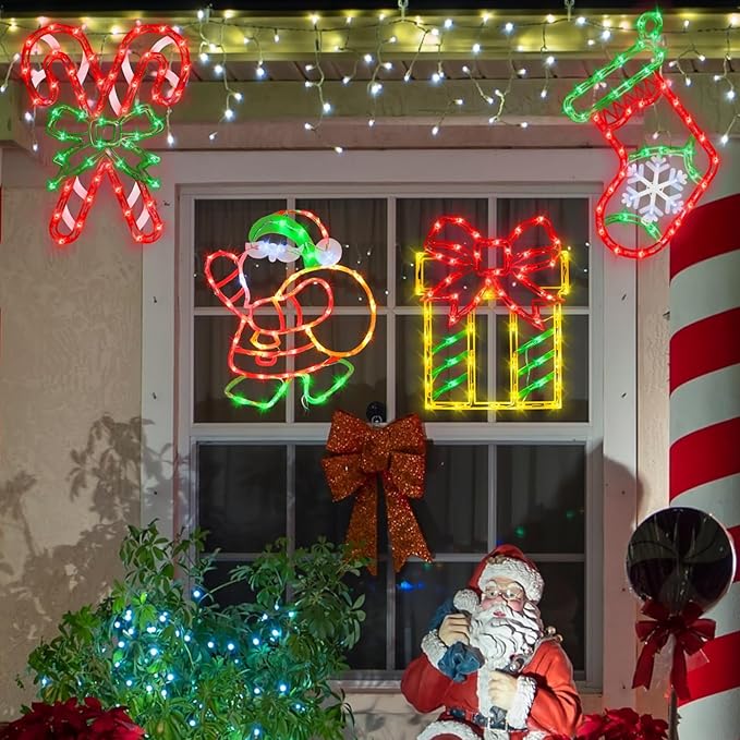 16" Christmas Window Silhouette Lights - 4 Pack Colour Lighted Christmas Stocking & Candy Cane & Gift Box & Santa for Holiday Indoor and Outdoor Wall Door Window Decorate
