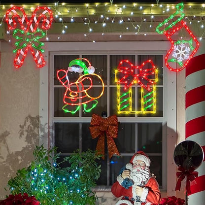 16" Christmas Window Silhouette Lights - 4 Pack Colour Lighted Christmas Stocking & Candy Cane & Gift Box & Santa for Holiday Indoor and Outdoor Wall Door Window Decorate