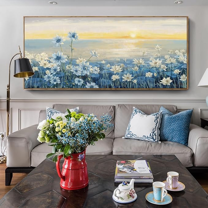 amatop Giant Framed Wall Art for Living Room Extra large Modern Coastal Beachy Canvas Wall Art Big Floral Sunrise Blue Wall Picture Oversized Lake Nature Sunset Artwork Office Bedroom Decor 71“x31”