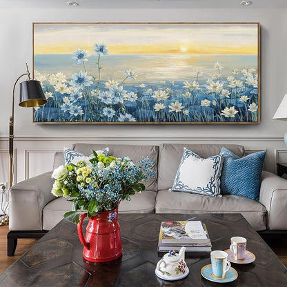 amatop Giant Framed Wall Art for Living Room Extra large Modern Coastal Beachy Canvas Wall Art Big Floral Sunrise Blue Wall Picture Oversized Lake Nature Sunset Artwork Office Bedroom Decor 71“x31”