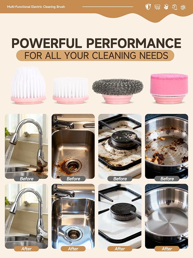 Electric Spin Scrubber, Mini Pink Cleaning Brush kit, for Wome, for Bathroom/Kitchen/Floor/Home/Grout/Tile/Shower, IP66 Waterproof Household Cleaning Supplies, Apartment Essentials