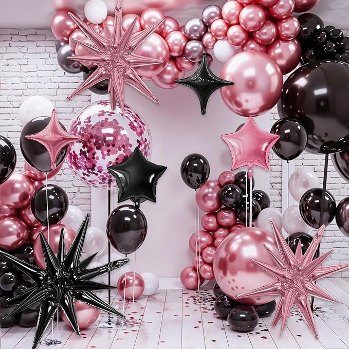 Pink Black Star Balloon,16Pcs Star Foil Balloons Set with 22Inch Explosion Spike Cone Balloons and 10Inch Quadrangle Helium Balloon for Birthday Wedding Baby Shower Party Decorations