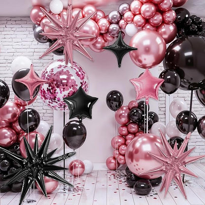 Pink Black Star Balloon,16Pcs Star Foil Balloons Set with 22Inch Explosion Spike Cone Balloons and 10Inch Quadrangle Helium Balloon for Birthday Wedding Baby Shower Party Decorations