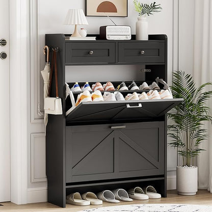 Shoe Cabinet with 2 Flip Drawers & 2 Top Drawers, 43" Tall Freestanding Narrow Wooden Shoe Storage Organizer for Entryway, Hidden Slim Shoe Rack for Front Door Entrance, Hallway, Living Room, Black