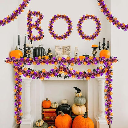 33FT Spooky Halloween Tinsel Garland with Pumpkin Bat Spider Ornament, Shiny Metallic Twist Garland Outdoor Indoor Halloween Decorations for Home Table Office Classroom Fireplace Party Decor