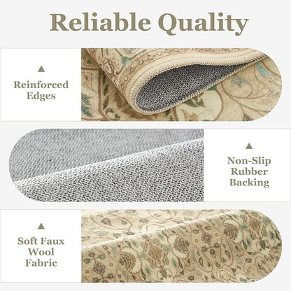 Warm Beige 3x5 Entryway Rug Indoor, Boho Floral Moroccan Pattern Printed Throw Rugs for Nursery Bedroom Bedside, Low Pile Thin Non Slip Washable Area Rug for Kitchen Foyer Mudroom Dorm