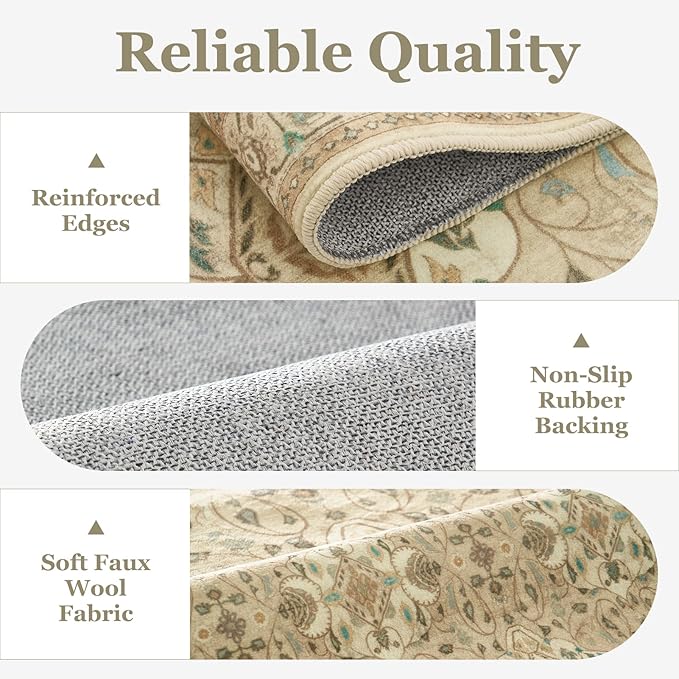 Boho Hallway Runner 2x6, Low Pile Thin Entryway Runner 6ft, Kitchen Runner Rugs Non Skid Washable for Laundry Room Bedside Bathroom, Floral Moroccan Pattern Warm Beige with Opal Colors