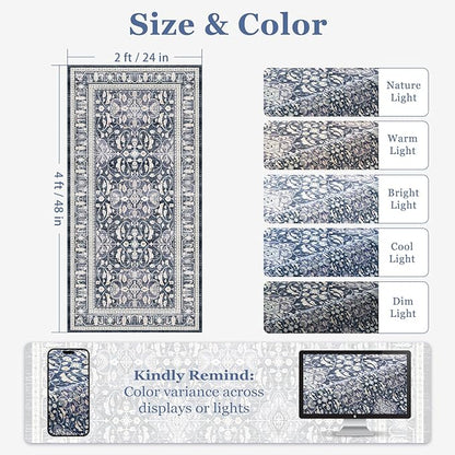 Dark Blue 2x4 Entryway Rug, Transitional Floral Trellis Door Mat Indoor Entrance Entry Way, Washable Non Slip Low Pile Thin Small Runner Rug for Kitchen Floor Sink Area Bathroom Bedside