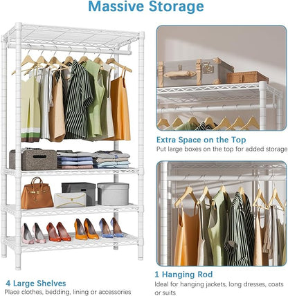 VIPEK V1 Wire Garment Rack 4 Tiers Heavy Duty Clothes Rack for Hanging Clothes Freestanding Closet Clothing Rack with 4 Adjustable Shelves, 35.4" L X 15.7" W X 70.9" H, Max Load 500LBS, White
