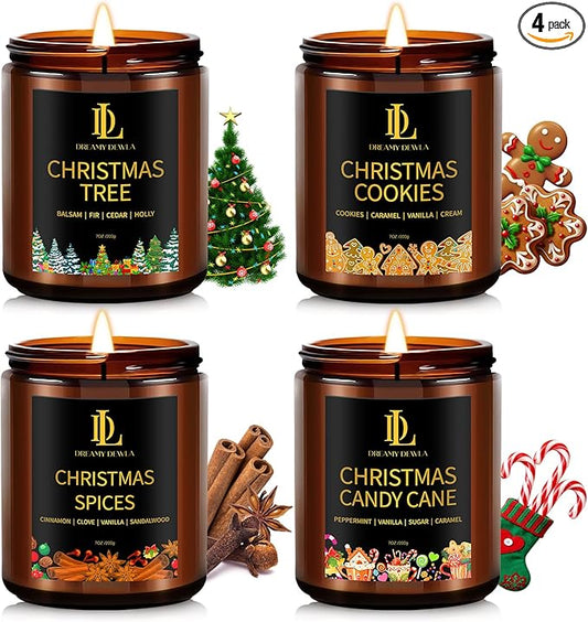 Holiday Candle Set, Scented Candle for Home, 4 Pack Soy Candles for Home Scented, Valentine's Day Candle Gifts for Women Men, Scents of Christmas Tree/Cookies/Spices/Candy Cane
