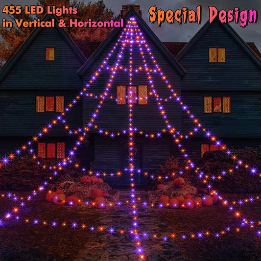 Halloween Spider Web Lights Decoration 455 LED Spider Webs Halloween Decorations Outdoor 16.4 Ft Light Up Giant Spider Web with 8 Lighting Modes & Timer for Outdoor Halloween Decor (Purple & Orange)
