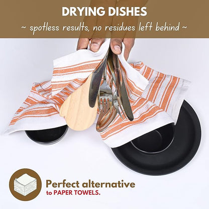Native Fab Orange Kitchen Towels - 12 Pack - 16x26 inches - Basket Weave Stripe Towels with Hanging Loop, Absorbent Cotton Towel for Cleaning, Drying Dishes, Washable Dish Cloths Set- Orange