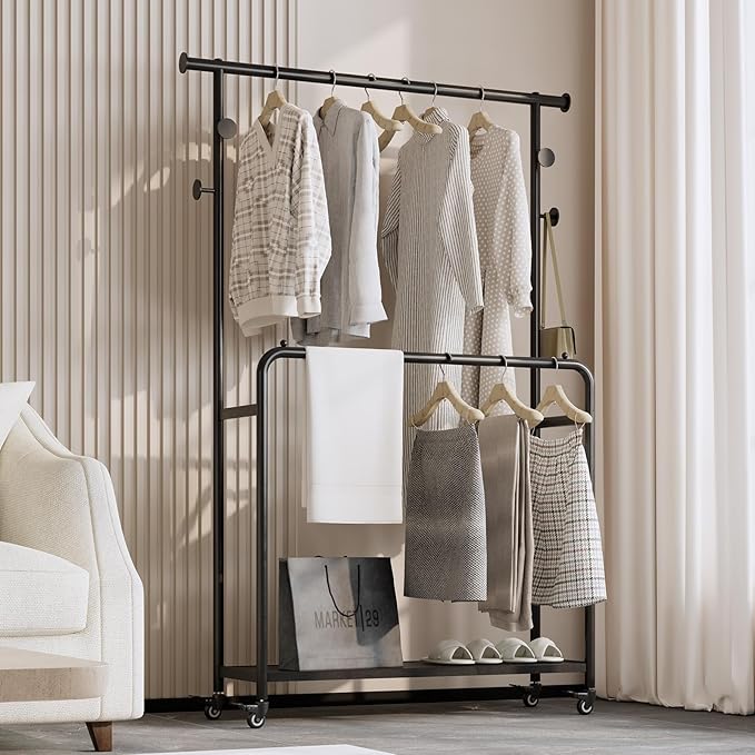Sturdy Metal Double Rods Clothes Rack With Wheels, Rolling Clothing Rack With Shelves & Hooks, Heavy Duty Garment Racks for Hanging Clothes, Multi-Functional Closet Rack for Bedroom