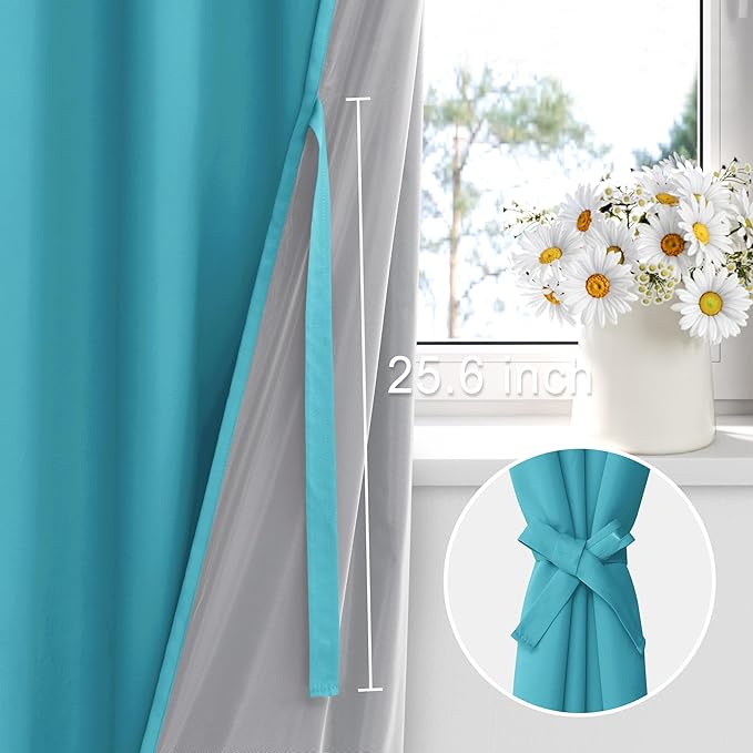 XWZO 100% Blackout Curtains 84 Inches Long with Tiebacks- Narrow Wide Heat Blocking and Soundproof Curtain Panels with Grommets for Basement/Bedroom, Turquoise, W38 x L84, Set of 2