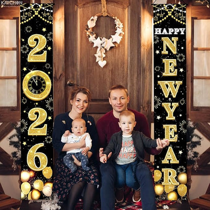 KatchOn XtraLarge 2026 Happy New Year Banner – 72x12 Inch | Black and Gold Happy New Year Door Banner for New Years Decorations 2026 | Porch Banner for New Years Eve Party Supplies 2026 | NYE Decor