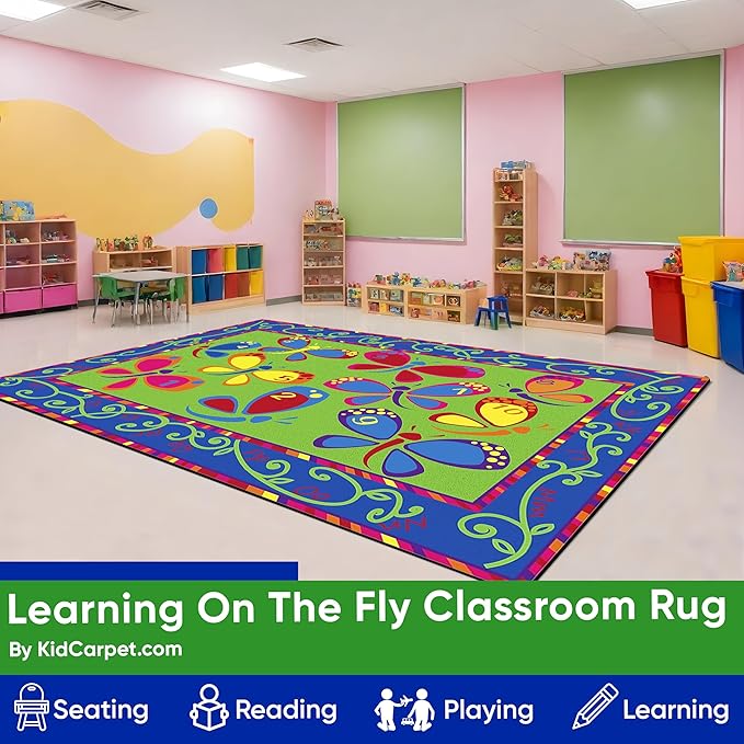 Learning On The Fly Classroom Rug, 7'6" x 12', Multicolored, Educational Classroom Rug, Kids Learning Play Mat | Area Rug for Bedroom or Playroom
