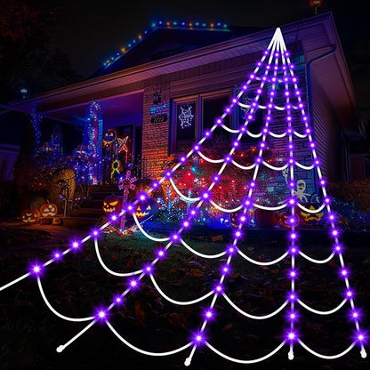 Halloween Decorations Spider Webs Lights: 150 Purple LED Halloween Lights Decor, 17.4Ft Giant Spiderweb with 8 Lighting Modes Waterproof & Timer, Yard Spider Web Decoration