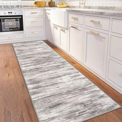 KOZYFLY 3x8 Ft Rug Modern Ombre Runner Rug for Hallway, Washable Kitchen Rugs Non-Slip Soft Striped Entryway Rug, Print Grey-Beige Abstract Carpet for Laundry Nursery