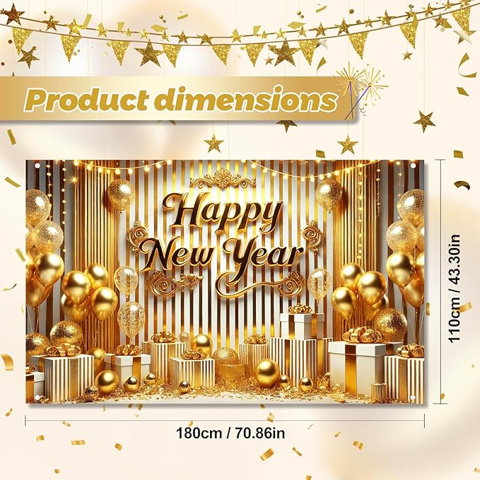 Happy New Year Banner 2026 71 x 43 Inch Gold New Year Party Decoration Photo Backdrop for Celebration Holiday Party Decor Wall Hanging Indoor Outdoor Event