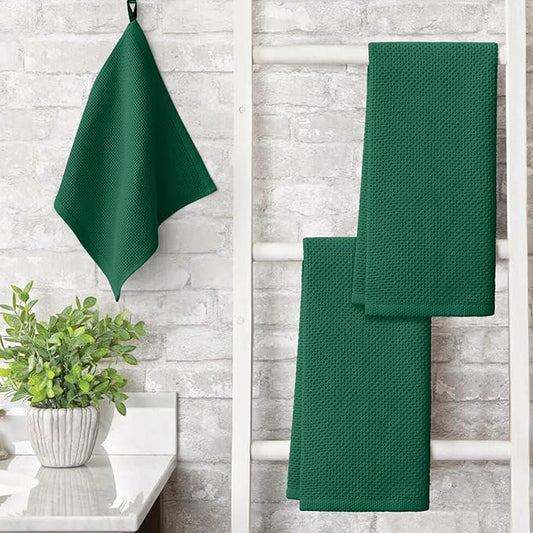 Artoid Mode 100% Cotton Dark Green Waffle Weave Kitchen Dish Cloths, 13x28 Inch Ultra Soft Absorbent Quick Drying Kitchen Dish Towels Set of 4