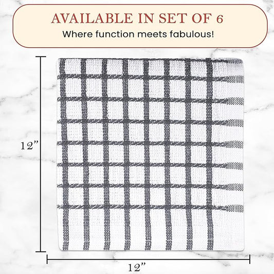 Vintage Vista 100% Cotton Dish Cloths (Pack of 6) - Dish Rags for Washing Dishes - Reusable & Highly Absorbent Kitchen Towels - Kitchen Rags for Christmas - (12" x 12" - Slate Grey Checkered)