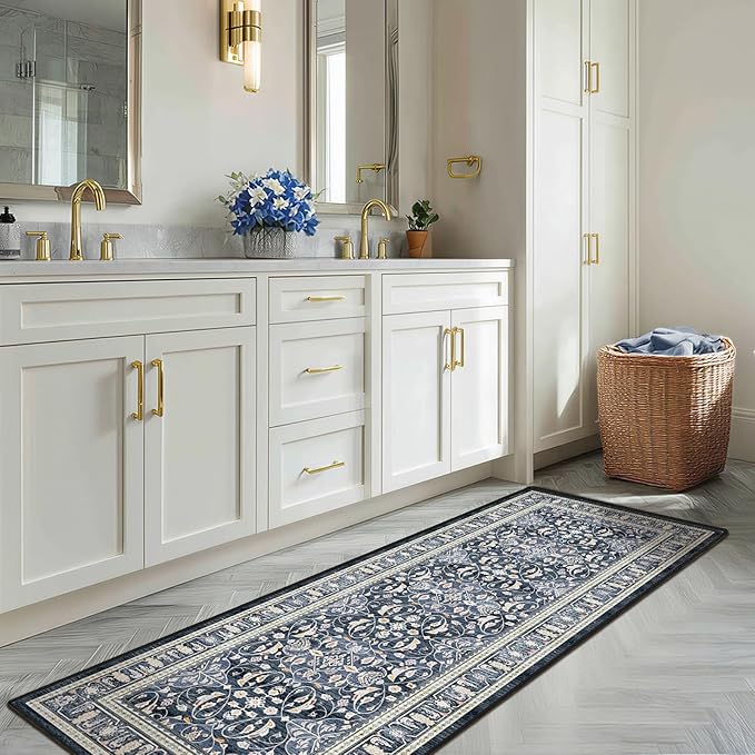 Dark Blue 2x7 Runner Rug Non Slip, Floral Trellis Entryway Rugs for Inside House Mudroom, Kitchen Runner Rugs Non Skid Washable, Carpet Runner for Bathroom Laundry Room Bedroom Farmhouse