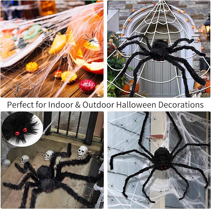 275" Halloween Triangle Spider Web and 59" Giant Spider Decorations Set with Stretch Cobweb - Halloween Party Supplies for Indoor Home Yard Patio Garden Haunted House Decor