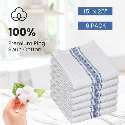 WHITEWRAP Kitchen Dish Towels for Kitchen, Highly Absorbent for Drying and Cleaning, Durable and Soft Tea Towels – 6 Pack, 100% Ring Spun Cotton 15 x 25 Inches – Blue