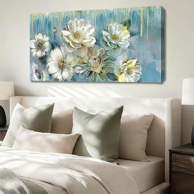 Ardemy Floral Canvas Wall Art Extra Large Magnolia White Flowers Pictures Wall Decor Teal Textured Paintings Modern Turquoise Artwork for Living Room Bedroom Dinning Room Home Office, 58"x29"
