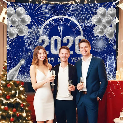 MEHOFOND 7x5 ft Blue and Silver 2026 Happy New Year Backdrop Cheers to 2026 New Year Eve Glitter Photography Background Hello 2026 Party Champagne Balloon Fireworks Decor Banner Cake Smash Photo Props