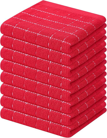 Mordimy 100% Cotton Terry Cloth Dish Cloths, Soft and Absorbent Checkered Dish Towels, Quick Drying Dish Rags for Washing Dishes, 8 Pack, 12 x 12 Inches, Red