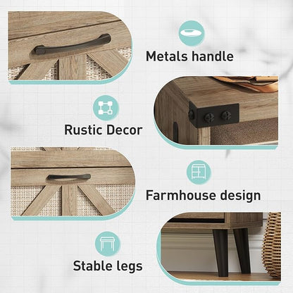 Vabches Shoe Storage Cabinet with 2 Flip Drawers,Freestanding Narrow Shoe Organizer with Open Storage,Hidden Slim Shoe Rack Cabinet for Entryway,Rustic Oak Rattan (2 Pack)