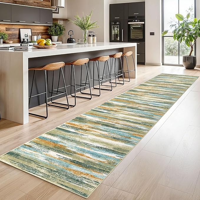 Modern Abstract Runner Rug 2.6x14, Green Mustard Multi Washable Long Kitchen Runner Non-Slip Soft Hallway Rug Runner Thin Print Faux Wool Carpet for Entryway Bedroom Laundry Room Indoor