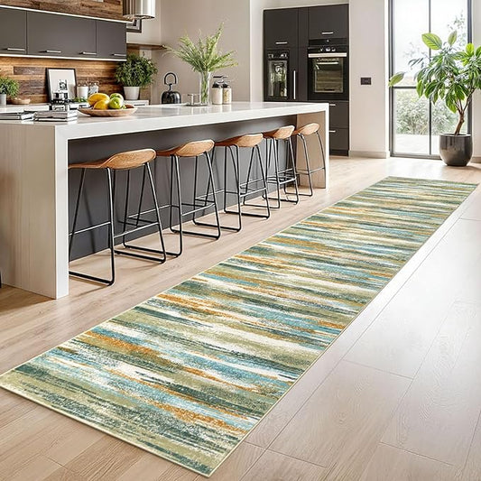 Modern Abstract Runner Rug 2.6x14, Green Mustard Multi Washable Long Kitchen Runner Non-Slip Soft Hallway Rug Runner Thin Print Faux Wool Carpet for Entryway Bedroom Laundry Room Indoor