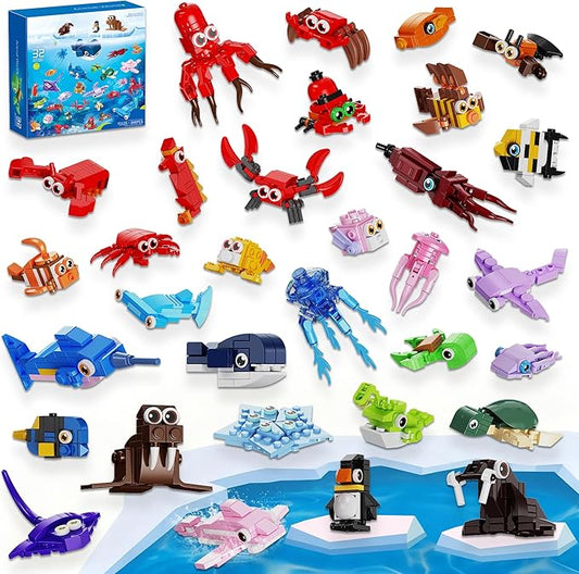32 Pack Marine Animals Building Blocks - 846PCS Kids Party Favors Educational Toy, Goodie Bag Stuffers Classroom Prizes, Valentines Easter Birthday Gifts for Boys Girls 6-12
