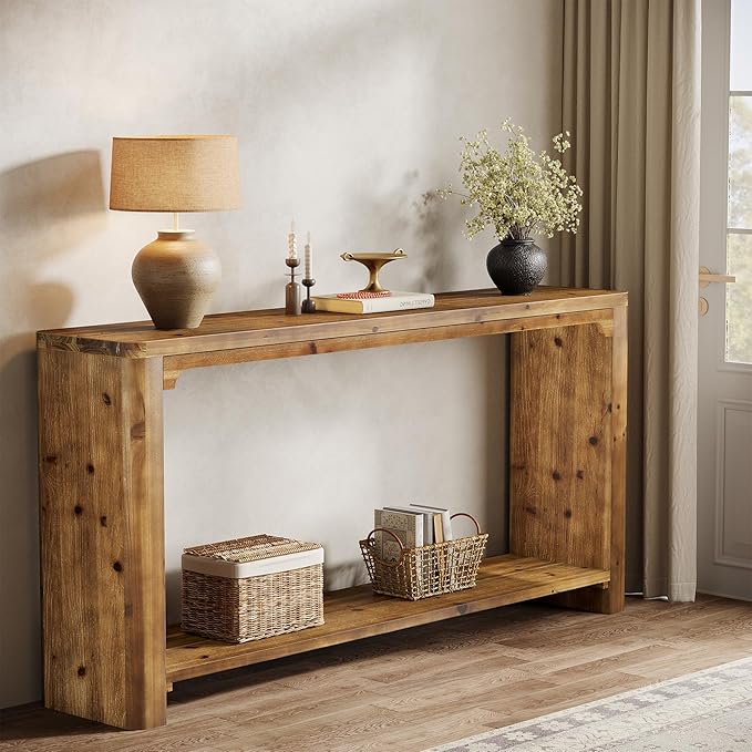 2-Tier Solid Wood Console Table, 63" Farmhouse Couch Table Behind Sofa, Entryway Table with Storage for Living Room, Entrance, Foyer, Hallway (Rustic Brown)
