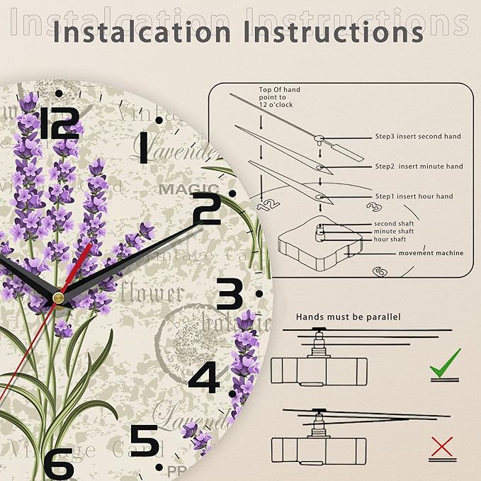 Vintage Floral with Lavenders Wall Clock Silent Non-Ticking Battery Operated Clock 10 Inch, Home Decor for Living Room, Kitchen, Bedroom and Office