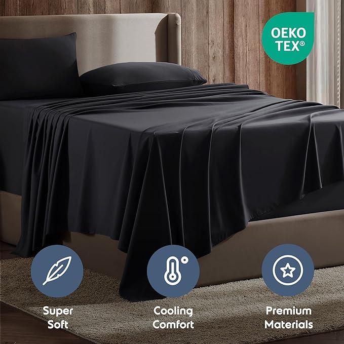 Nestl Split King Sheet Set - 1800 Ultra-Soft Microfiber Bed Sheets - Double Brushed - Deep Pockets - Easy Fit - 5 Piece Set - Bed Sheets & Pillowcases (Split King Size, Black)